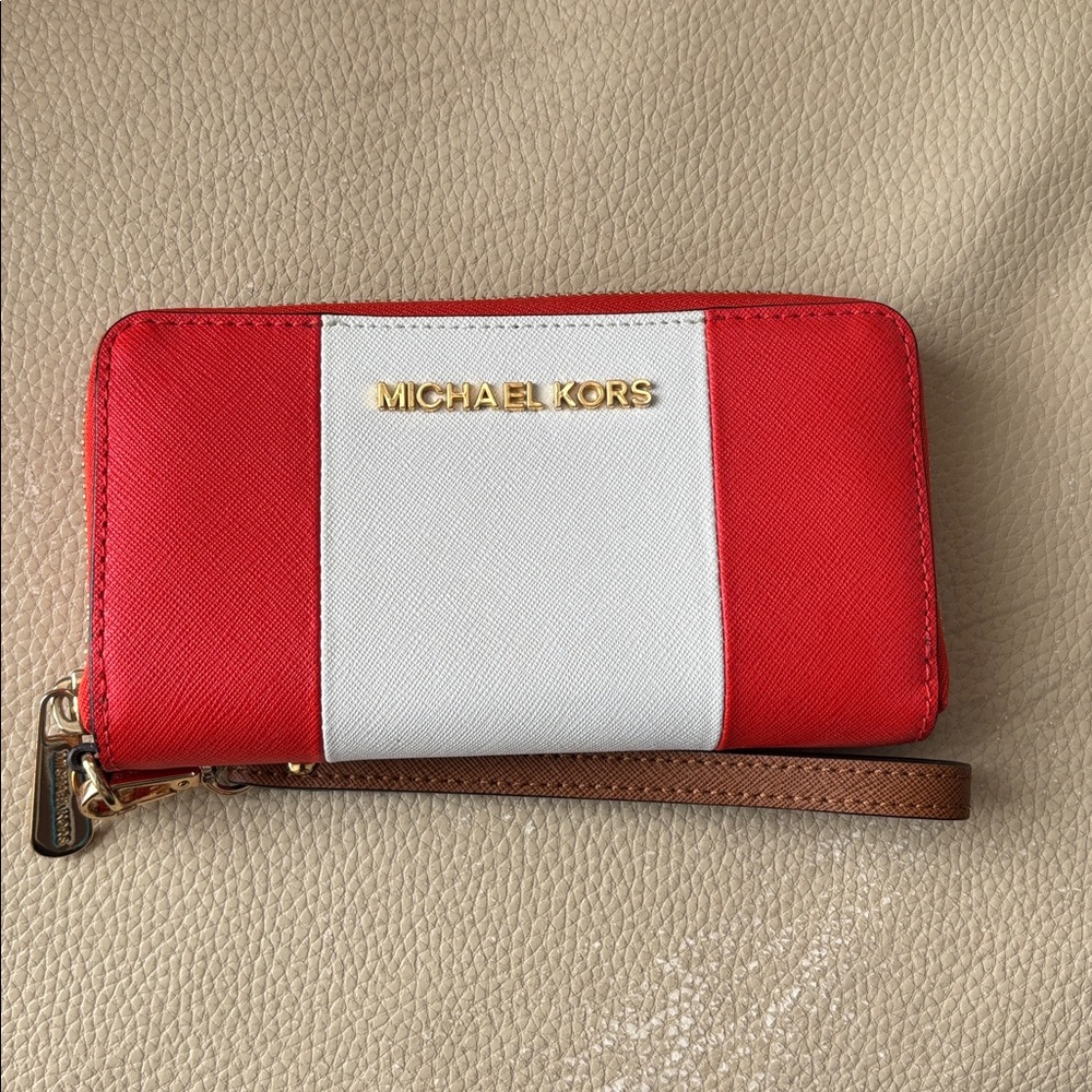 Michael Kors Orange and White Wristlet w Brown Strap